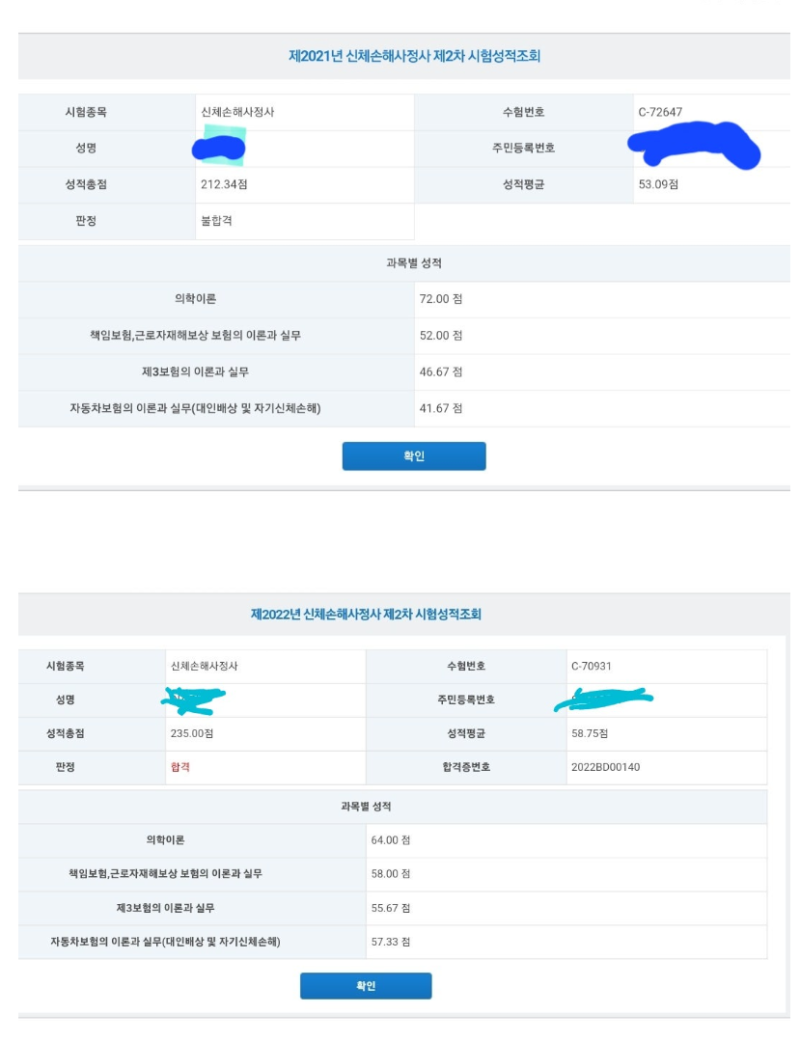 신체손해사정사 2차 성적 조회 — 위: 2021년 평균 53.09점 불합격, 아래: 2022년 평균 58.75점 합격 (성명 · 주민등록번호 가림)